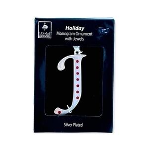 Silver Plated Monogram Letter J Ornament Jeweled Holiday Christmas Decor 3" NIB